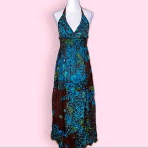 Turquoise and Brown Halter Maxi Dress Floral Print
